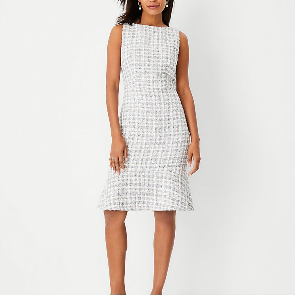 Ann Taylor Tweed Flounce Sheath Work Dress Grey and White